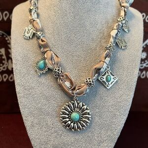 Turquoise Accent Silver-Tone Boho Charm Sunburst Necklace - Women's Jewelry